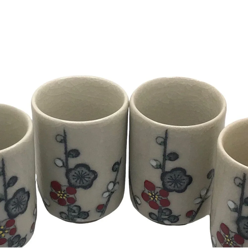 Japanese Sake Cups Set of Four from Japan 3.5” Flower Red Gray White Black